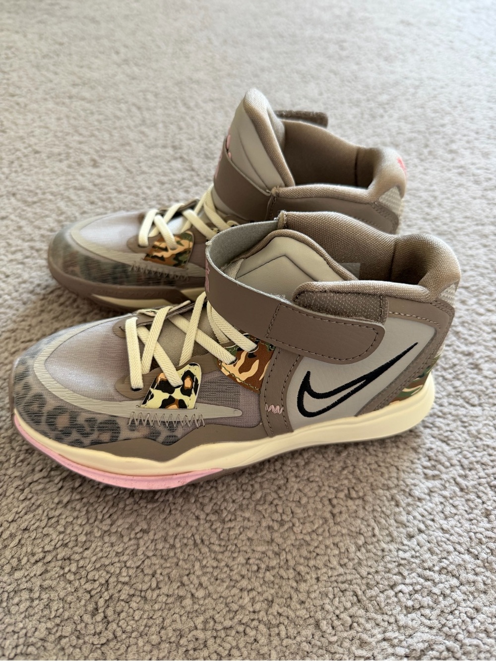 Nike Kids Taupe and Pink High-Top Sneakers with Leopard Accent